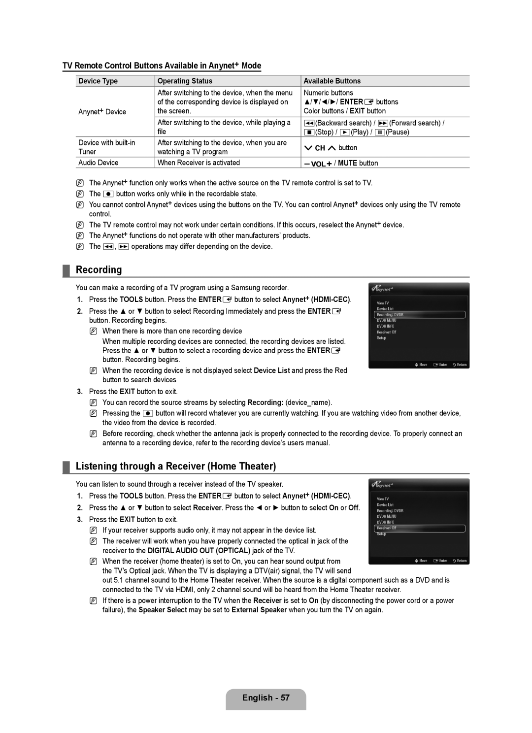 Samsung UN46B6000 Recording, Listening through a Receiver Home Theater, Device Type Operating Status Available Buttons 