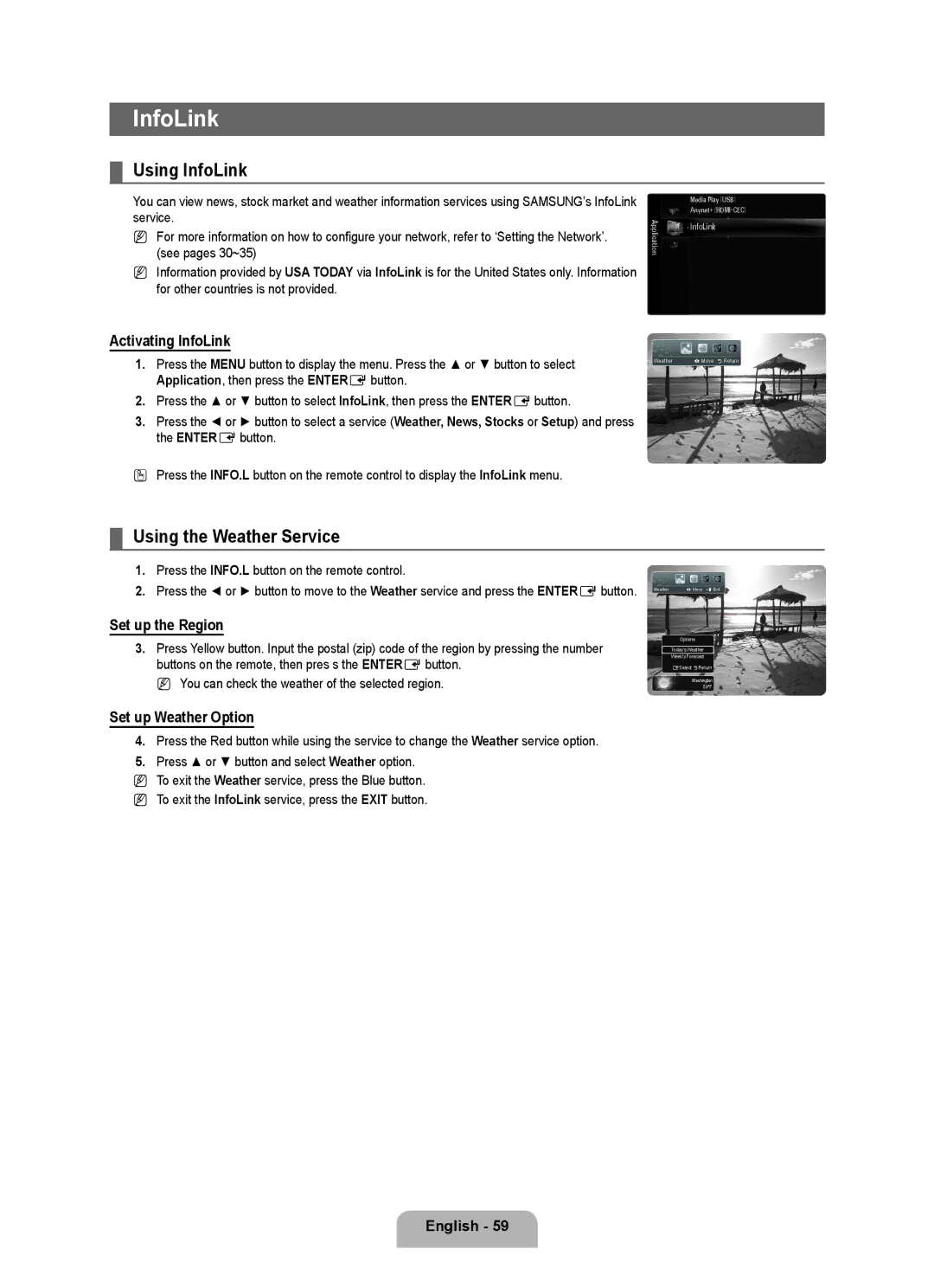 Samsung UN40B6000VF, UNB6000, UN55B6000 Using InfoLink, Using the Weather Service, Activating InfoLink, Set up the Region 