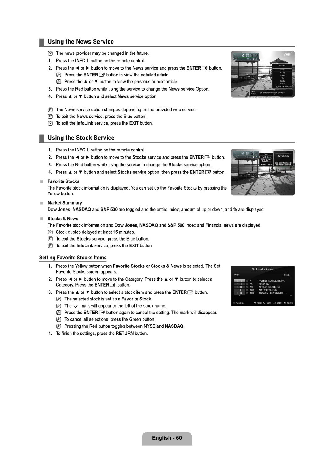 Samsung UN32B6000, UNB6000, UN55B6000 Using the News Service, Using the Stock Service, Setting Favorite Stocks Items 