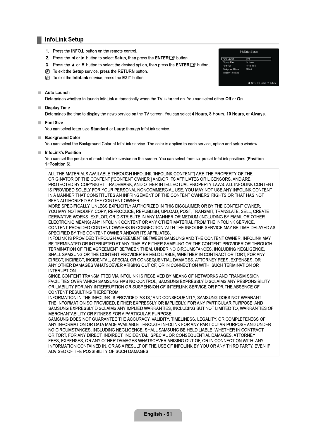 Samsung UN2B6000, UNB6000, UN55B6000, UN46B6000, UN40B6000VF, UN32B6000 user manual InfoLink Setup 