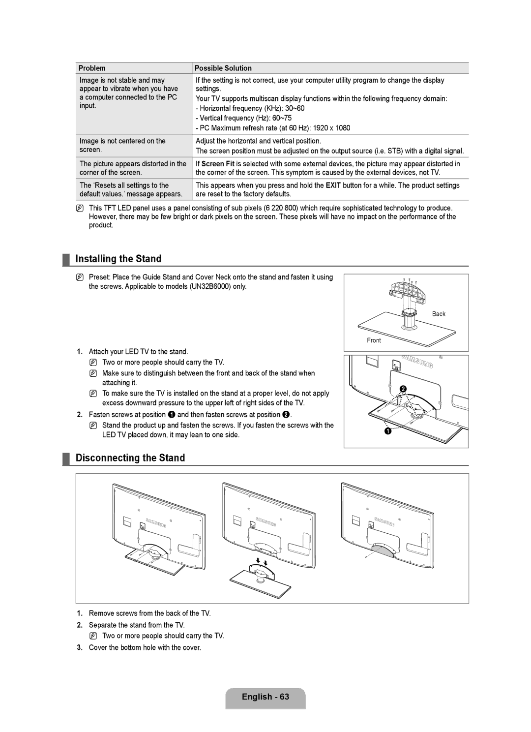 Samsung UNB6000, UN55B6000, UN46B6000 Installing the Stand, Disconnecting the Stand, Separate the stand from the TV 