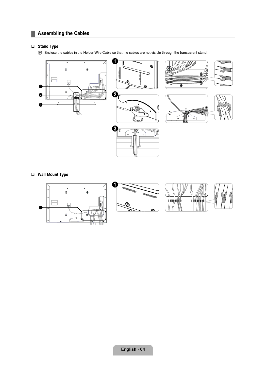 Samsung UN55B6000, UNB6000, UN46B6000, UN40B6000VF, UN32B6000 Assembling the Cables, Stand Type, Wall-Mount Type English 