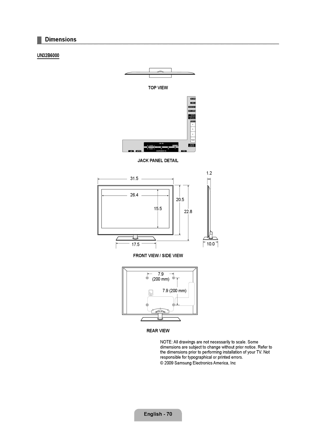 Samsung UNB6000, UN55B6000, UN46B6000, UN40B6000VF, UN2B6000 Dimensions, UN32B6000, 31.5 26.4 20.5 15.5, 17.5, 200 mm 