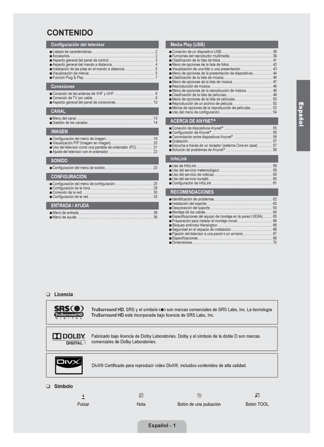 Samsung UN55B6000, UNB6000, UN46B6000, UN40B6000VF, UN32B6000, UN2B6000 user manual Licencia, Símbolo, Español, Pulsar 