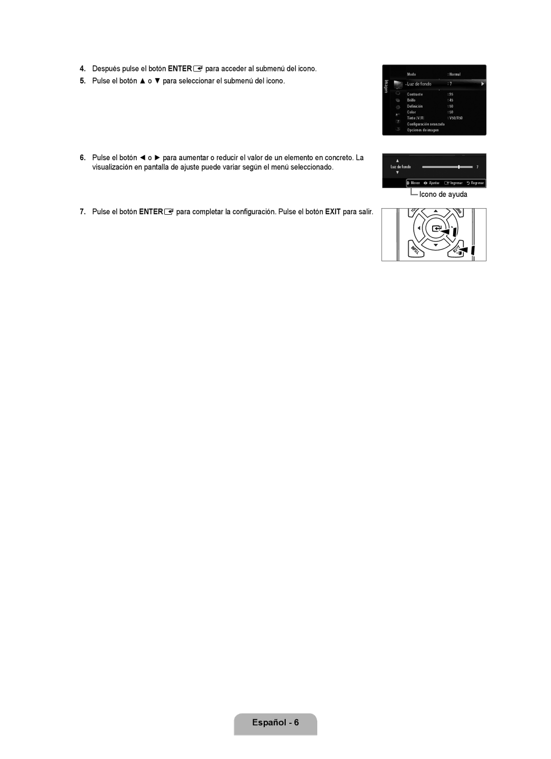 Samsung UN2B6000, UNB6000, UN55B6000, UN46B6000, UN40B6000VF, UN32B6000 user manual Icono de ayuda, Luz de fondo 