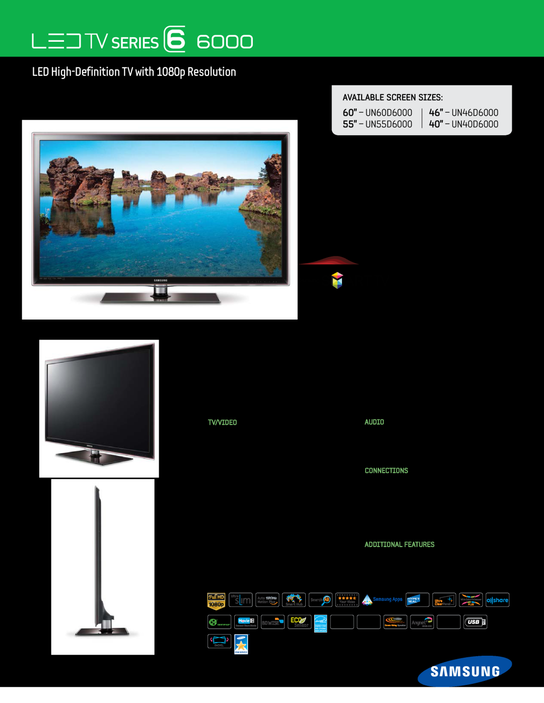 Samsung manual LED High-Definition TV with 1080p Resolution, Available Screen Sizes, 60” - UN60D6000 55” - UN55D6000 