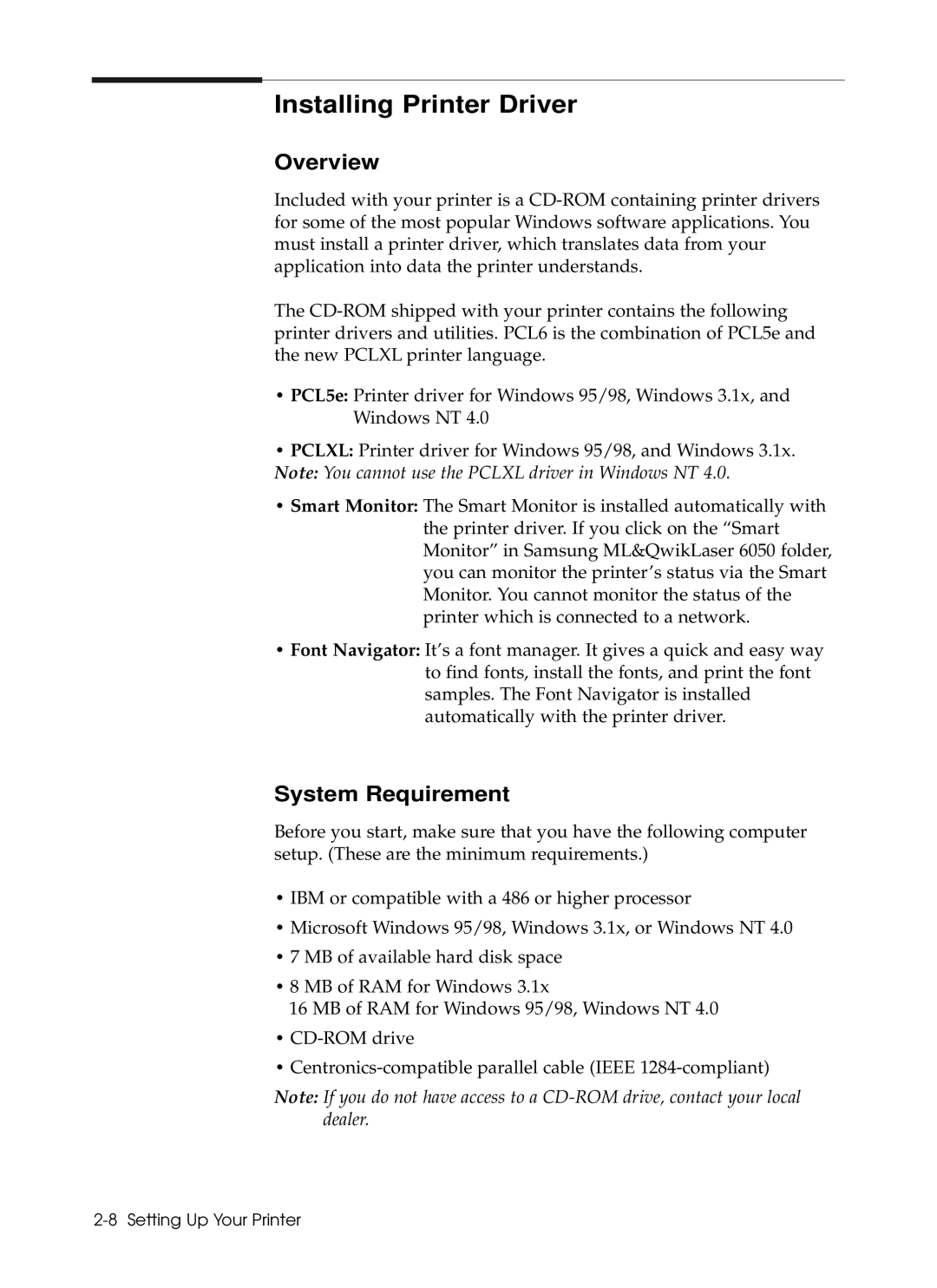 Samsung 6050 manual Installing Printer Driver, Overview, System Requirement 