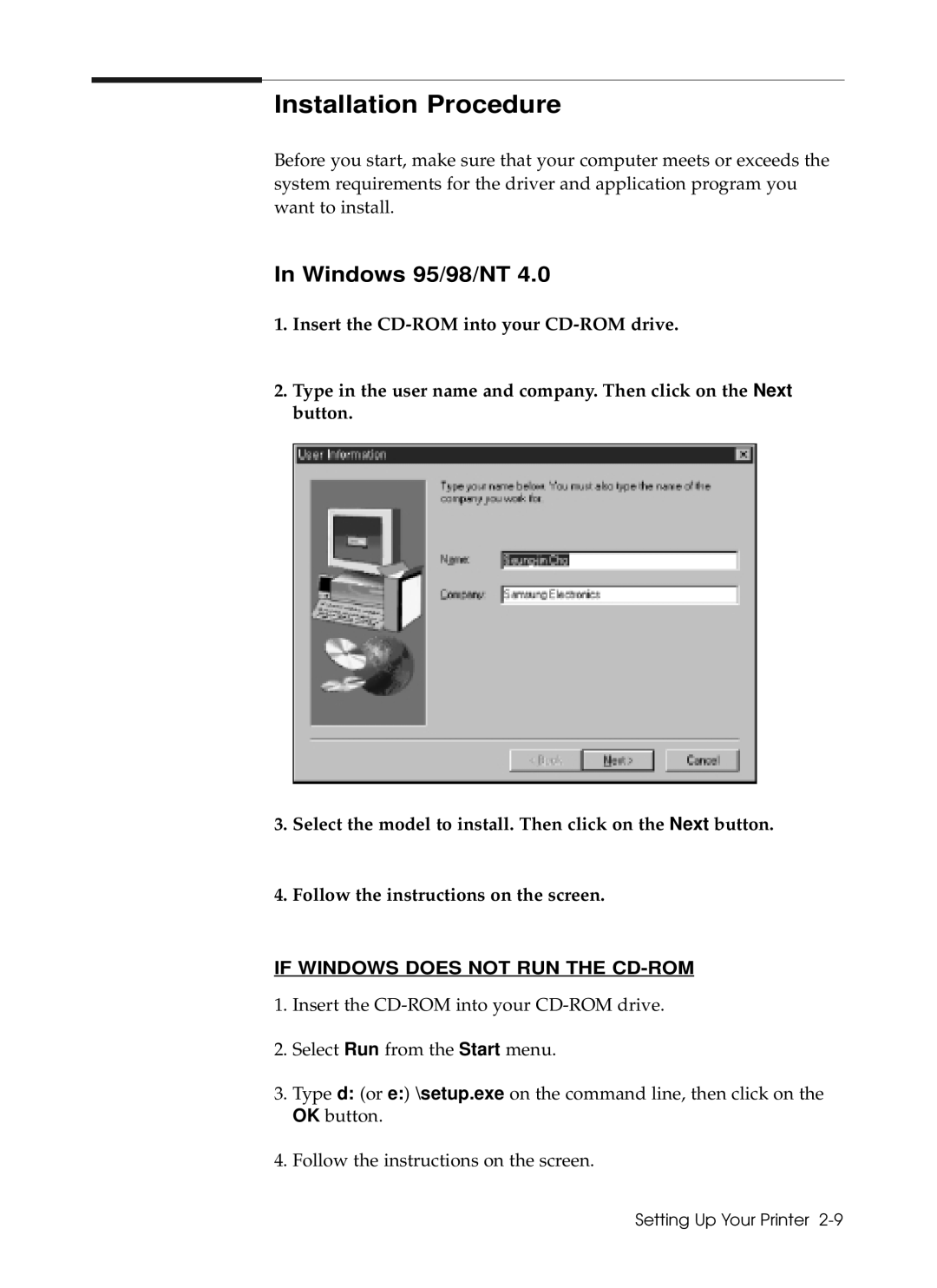 Samsung 6050 manual Installation Procedure, Windows 95/98/NT 