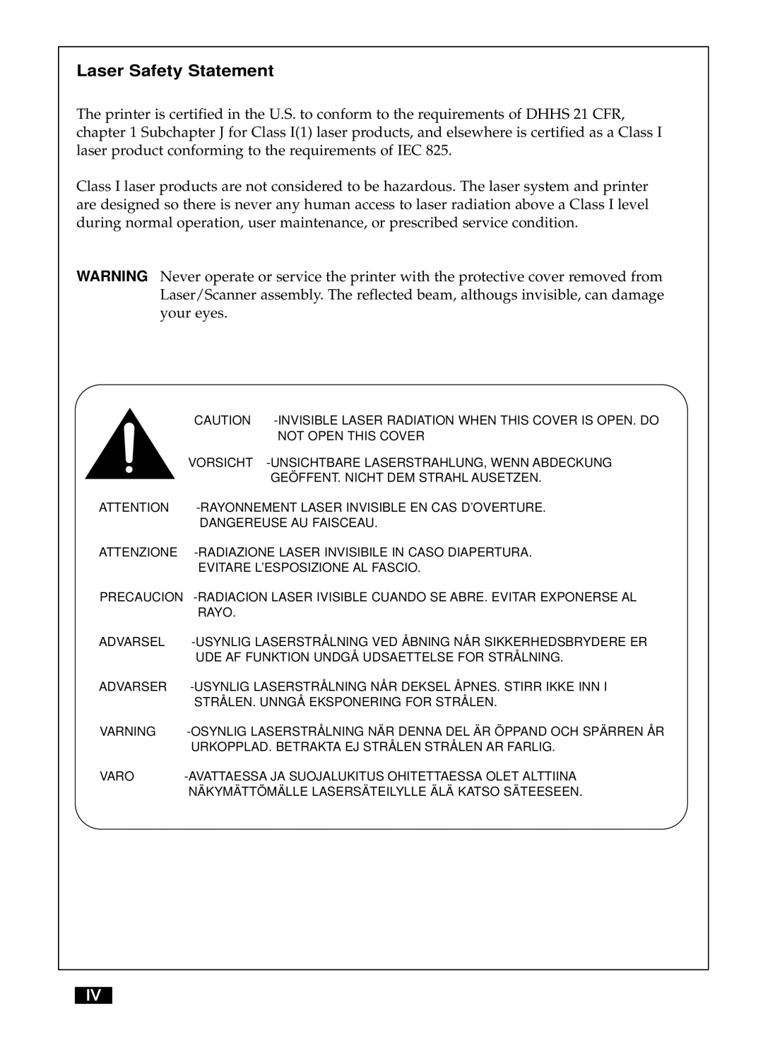 Samsung 6050 manual Laser Safety Statement 