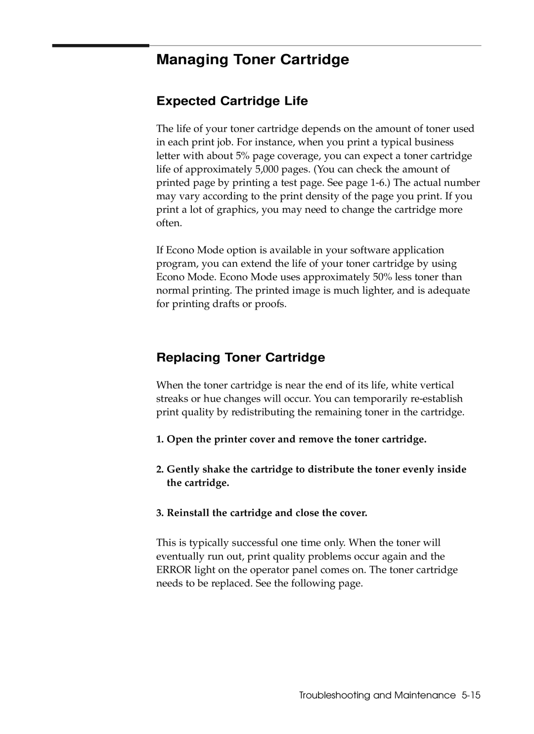 Samsung 6050 manual Managing Toner Cartridge, Expected Cartridge Life, Replacing Toner Cartridge 