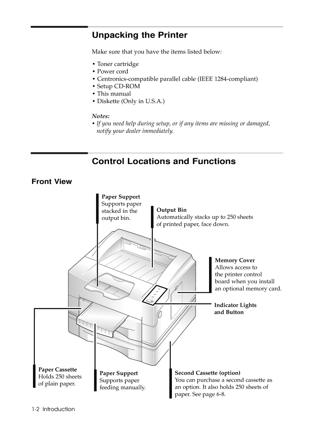 Samsung 6050 manual Unpacking the Printer, Control Locations and Functions, Front View 