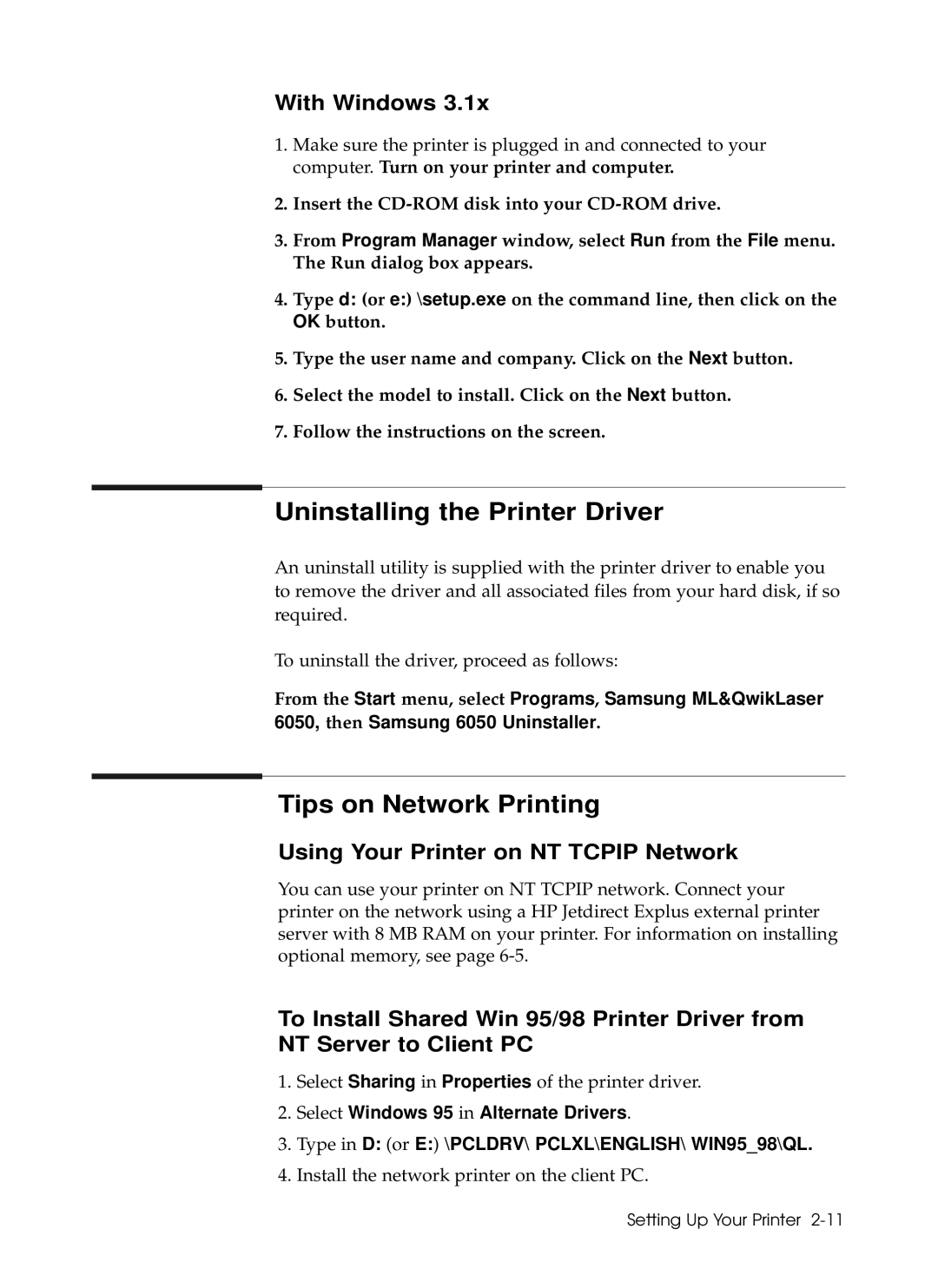 Samsung 6050 manual Uninstalling the Printer Driver, Tips on Network Printing, With Windows 