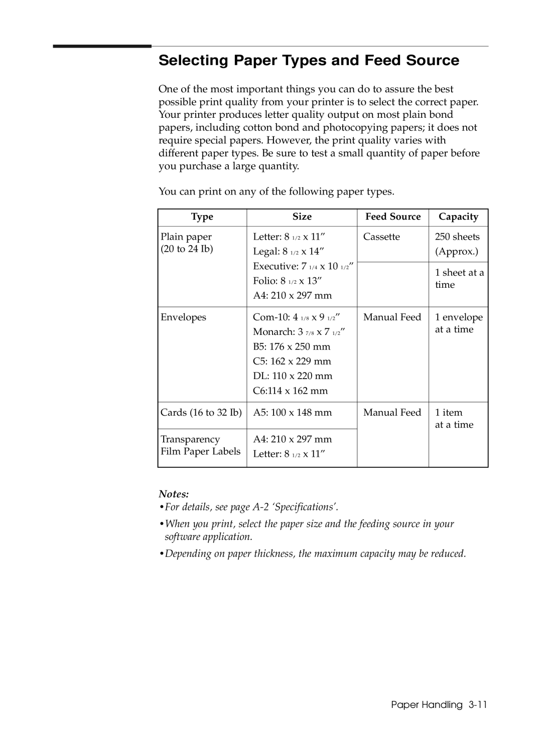 Samsung 6050 manual Selecting Paper Types and Feed Source, Type Size Feed Source Capacity 