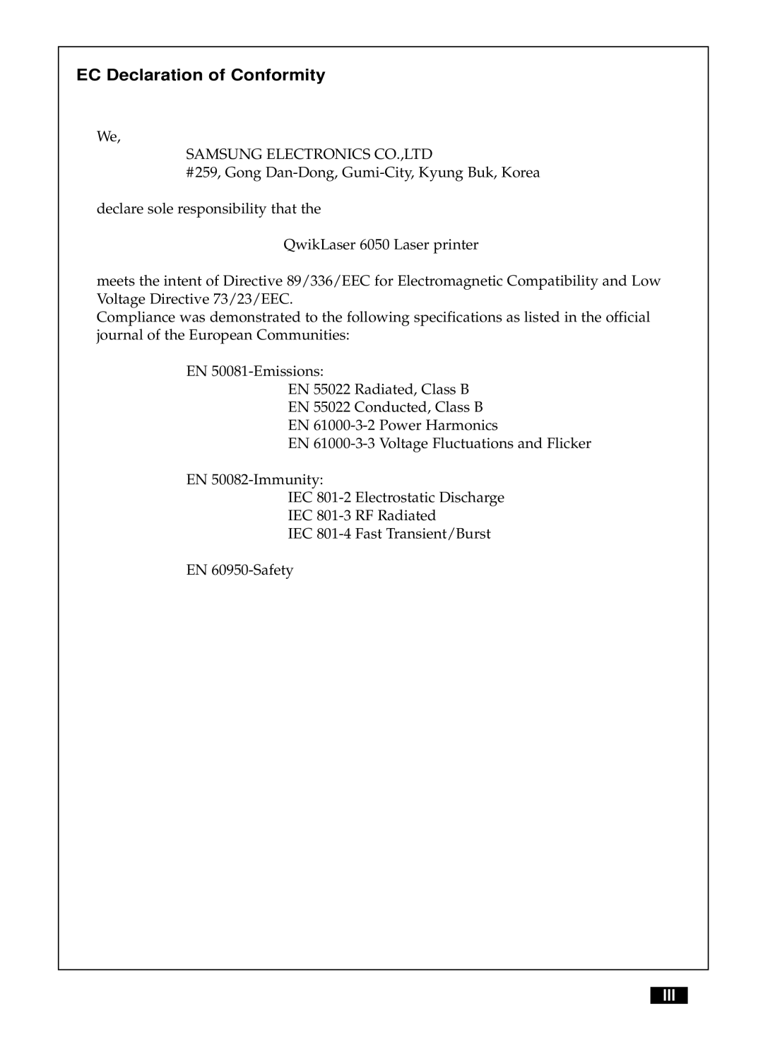 Samsung 6050 manual EC Declaration of Conformity 