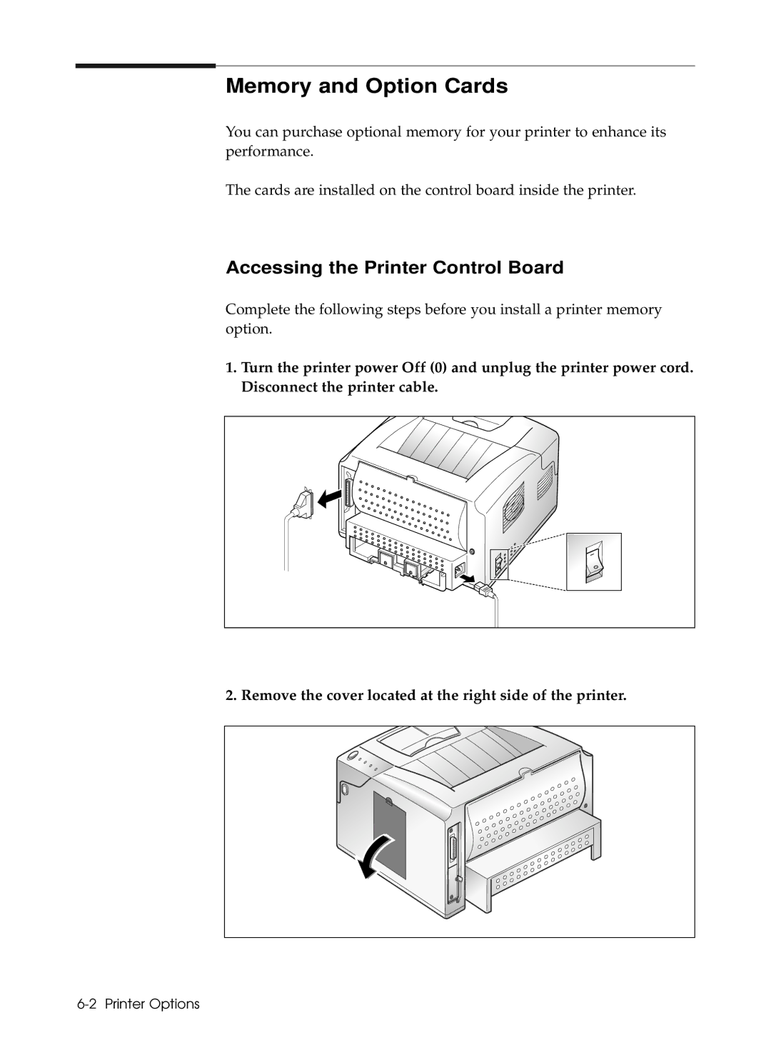 Samsung 6050 manual Memory and Option Cards, Accessing the Printer Control Board 