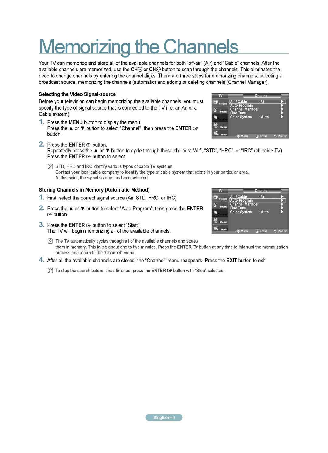 Samsung 610 Series quick start Memorizing the Channels, Storing Channels in Memory Automatic Method 