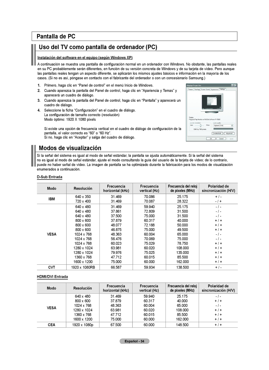 Samsung 610 user manual Pantalla de PC Uso del TV como pantalla de ordenador PC, Modos de visualización 