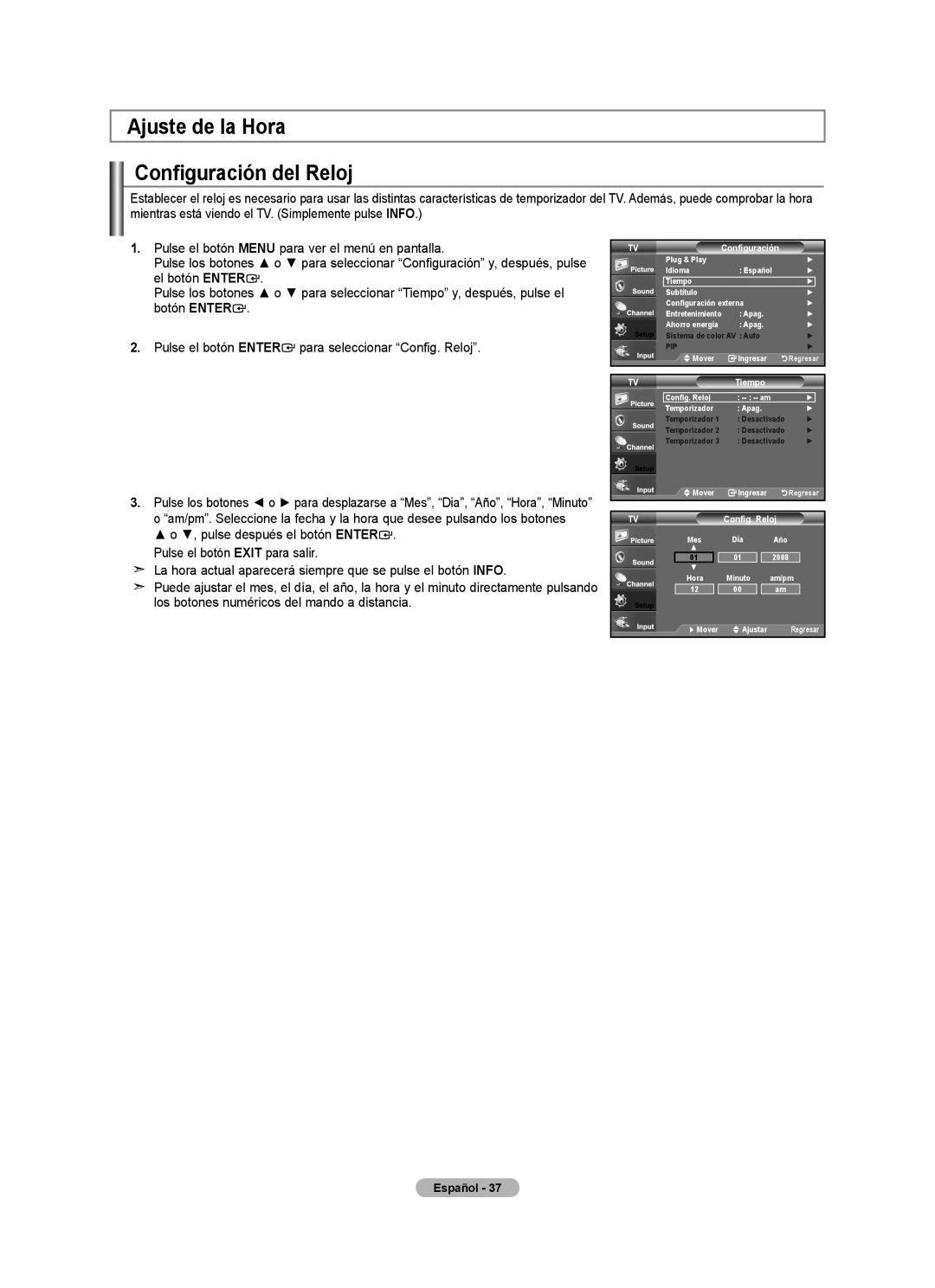 Samsung 610 user manual Ajuste de la Hora Configuración del Reloj, Tiempo 