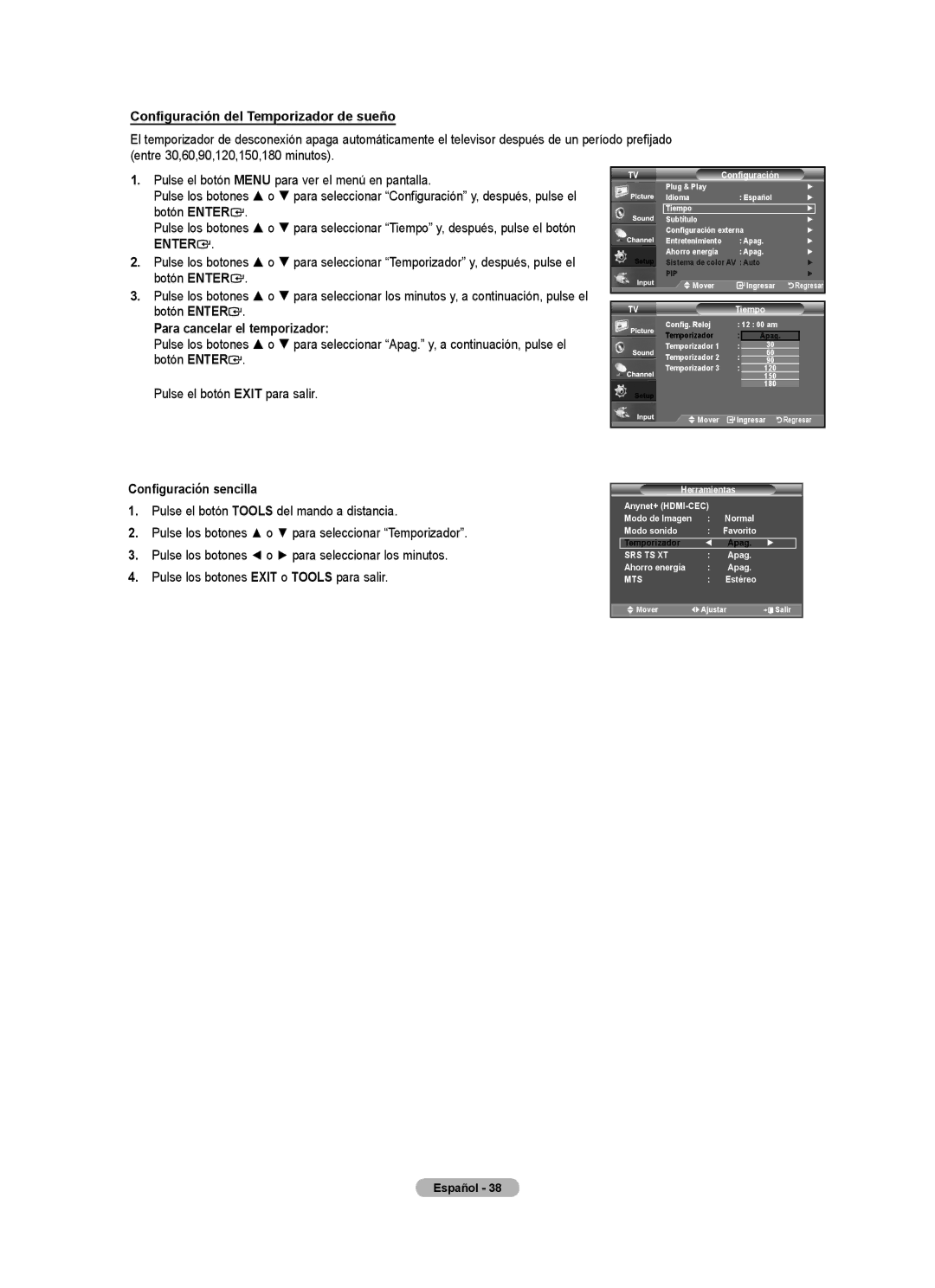 Samsung 610 user manual Configuración del Temporizador de sueño, Para cancelar el temporizador, Temporizador Apag 