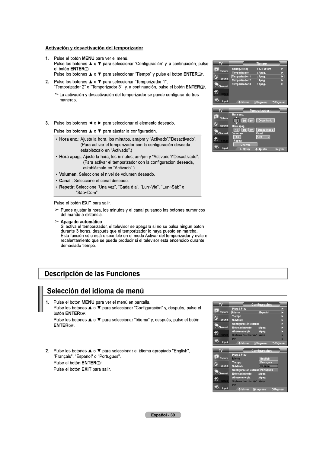 Samsung 610 Descripción de las Funciones Selección del idioma de menú, Activación y desactivación del temporizador 