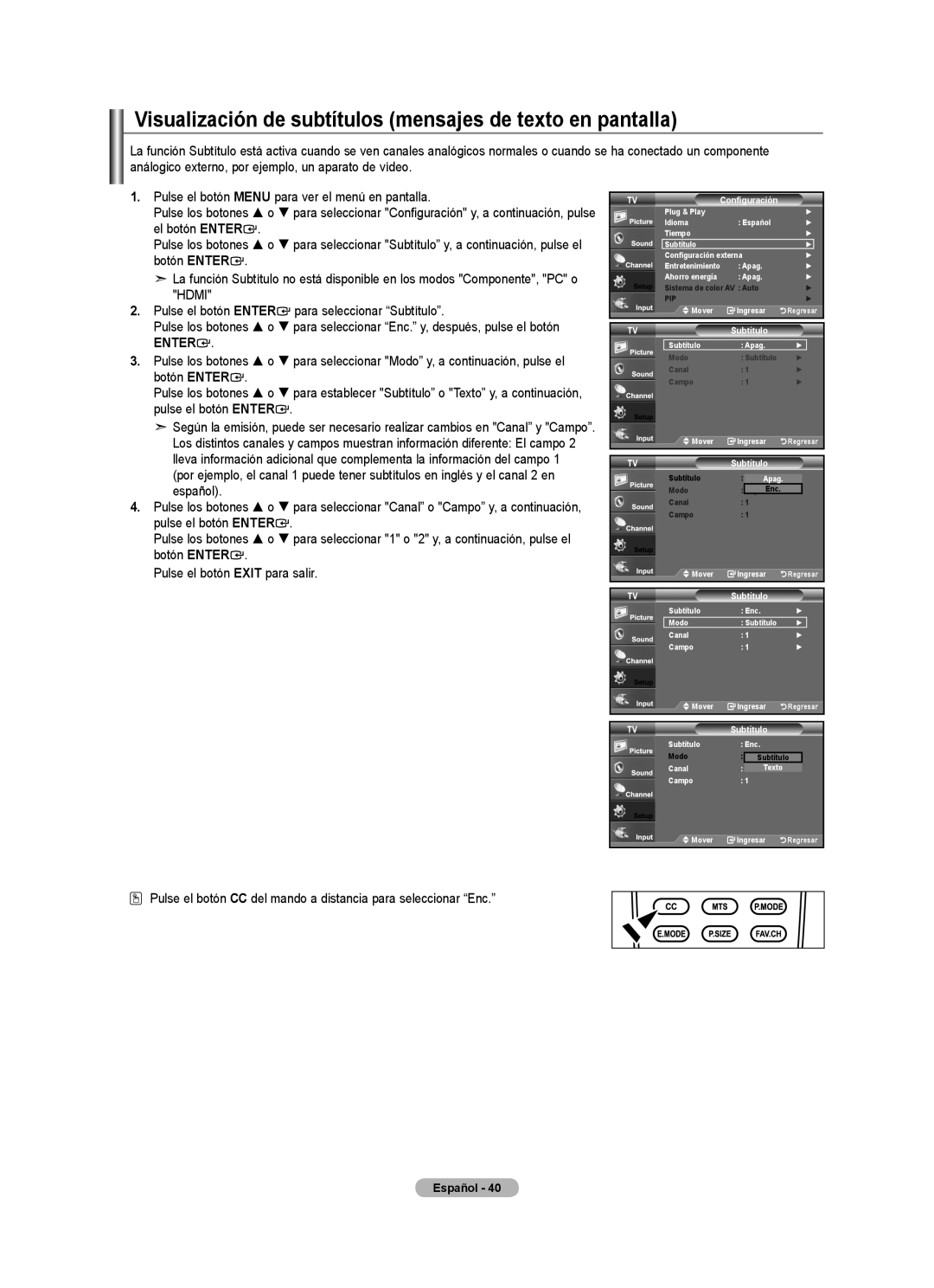 Samsung 610 user manual Visualización de subtítulos mensajes de texto en pantalla, Subtítulo 