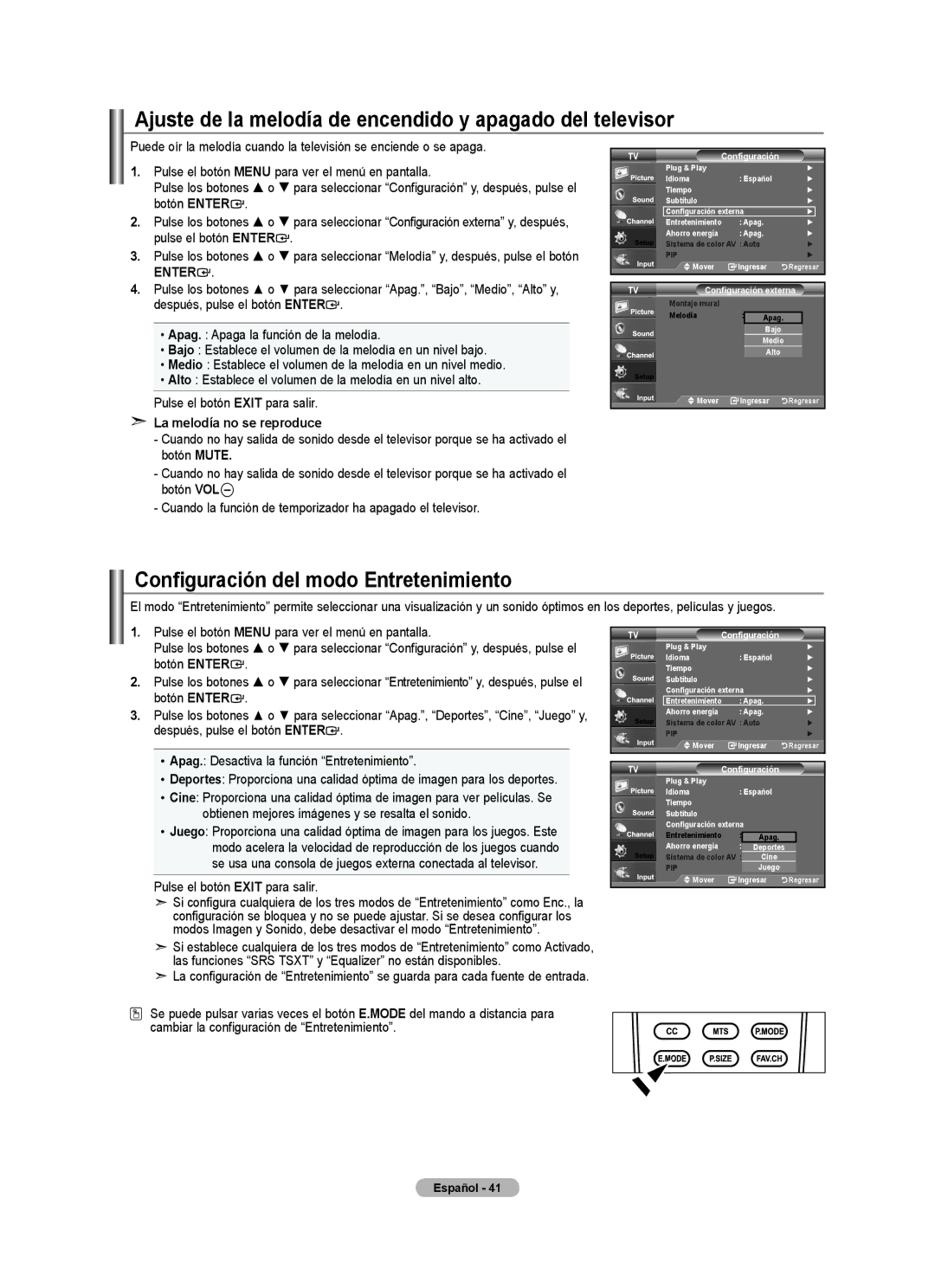 Samsung 610 user manual Ajuste de la melodía de encendido y apagado del televisor, Configuración del modo Entretenimiento 