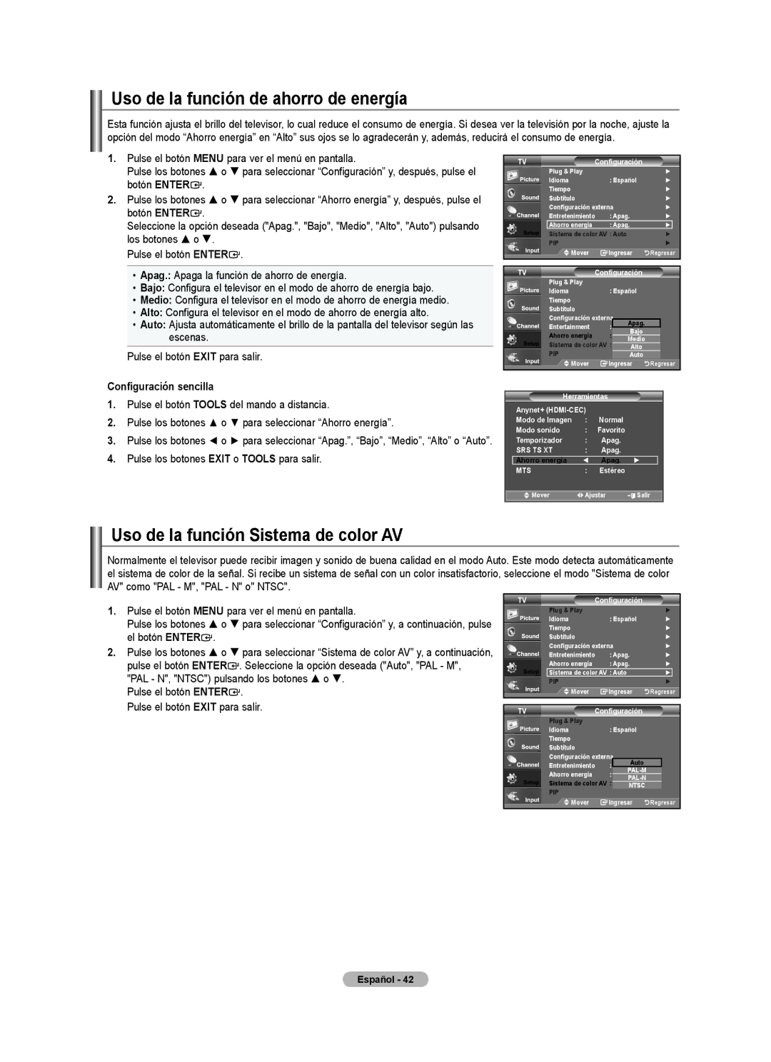 Samsung 610 user manual Uso de la función de ahorro de energía, Uso de la función Sistema de color AV 