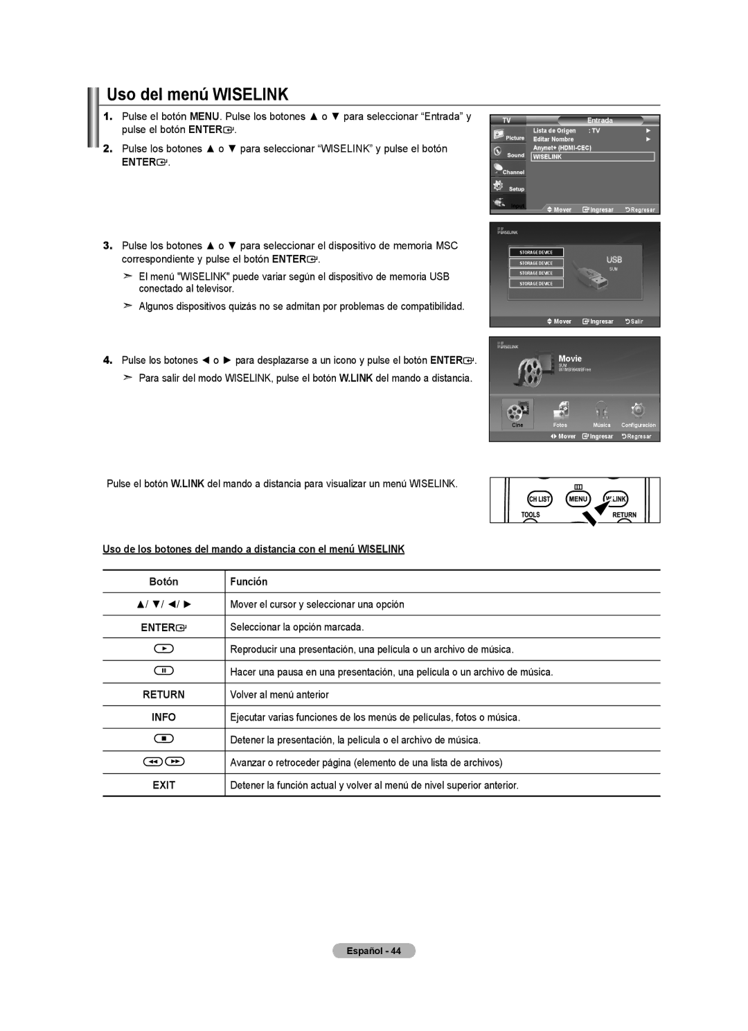 Samsung 610 user manual Uso del menú Wiselink 