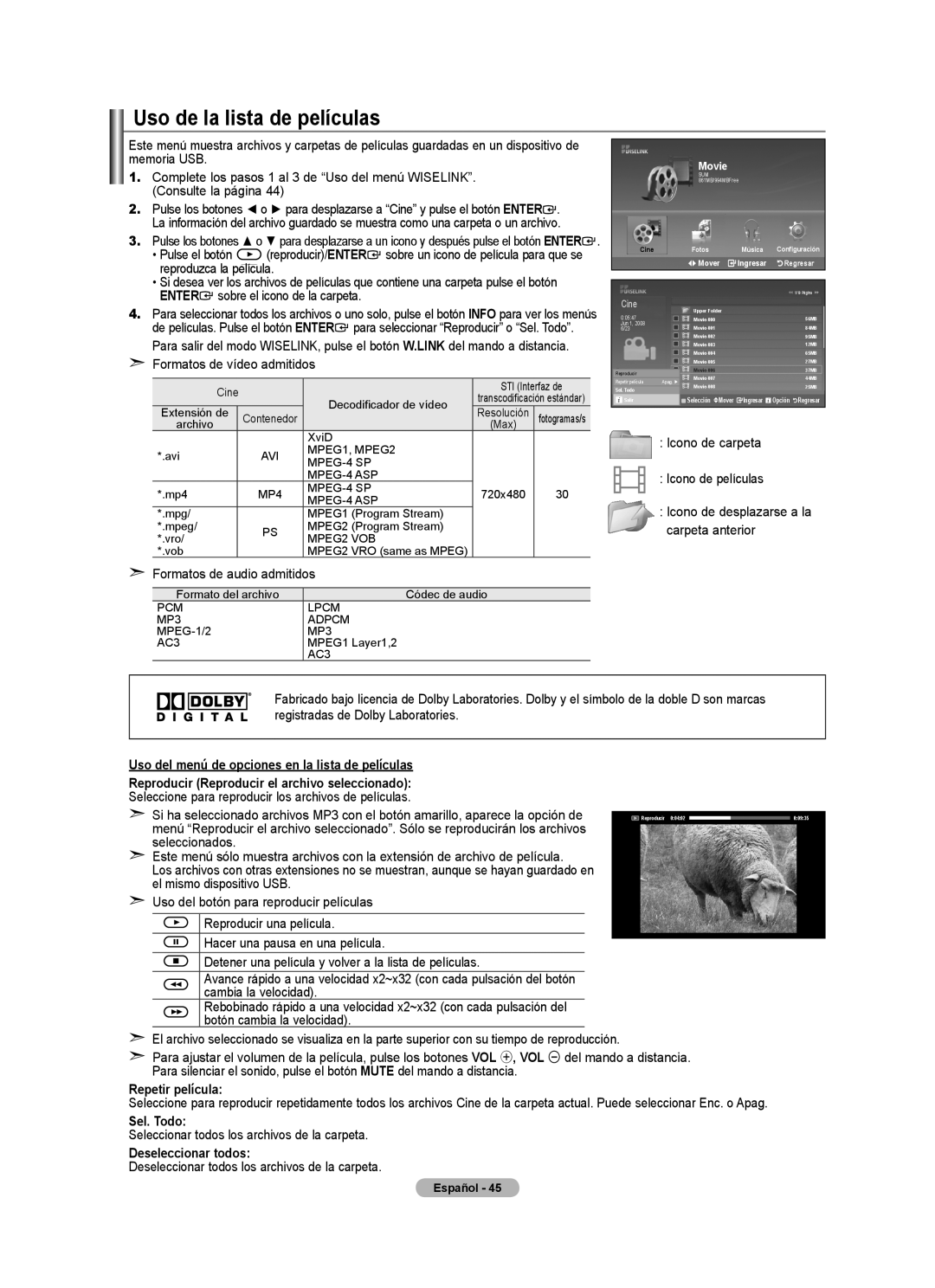 Samsung 610 user manual Uso de la lista de películas, Repetir película, Sel. Todo, Deseleccionar todos 