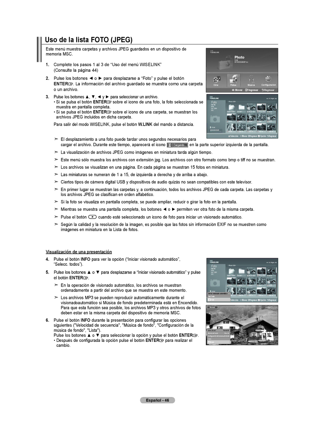 Samsung 610 user manual Uso de la lista Foto Jpeg, Visualización de una presentación 