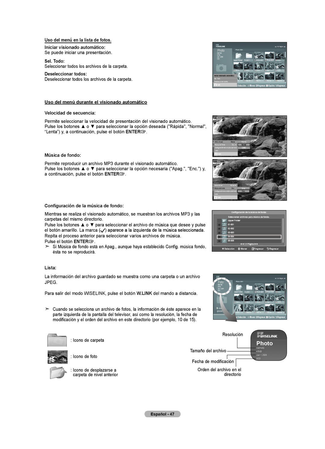 Samsung 610 user manual Música de fondo, Configuración de la música de fondo, Lista 