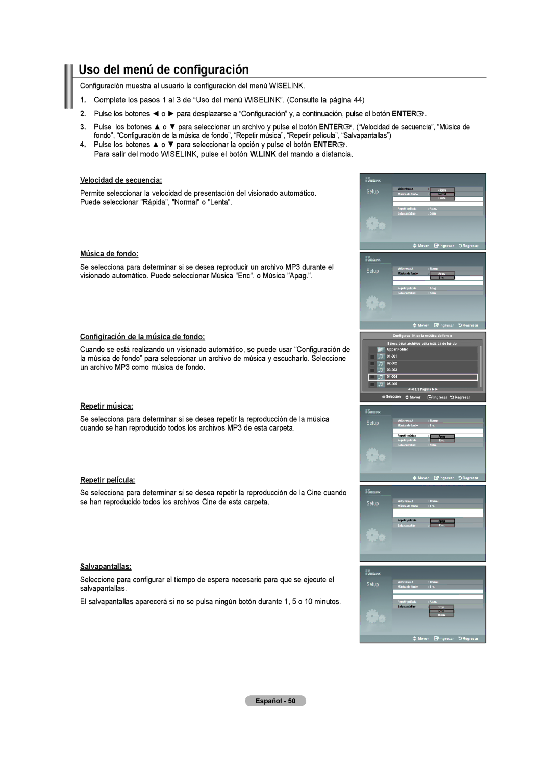 Samsung 610 user manual Uso del menú de configuración, Configiración de la música de fondo, Salvapantallas 