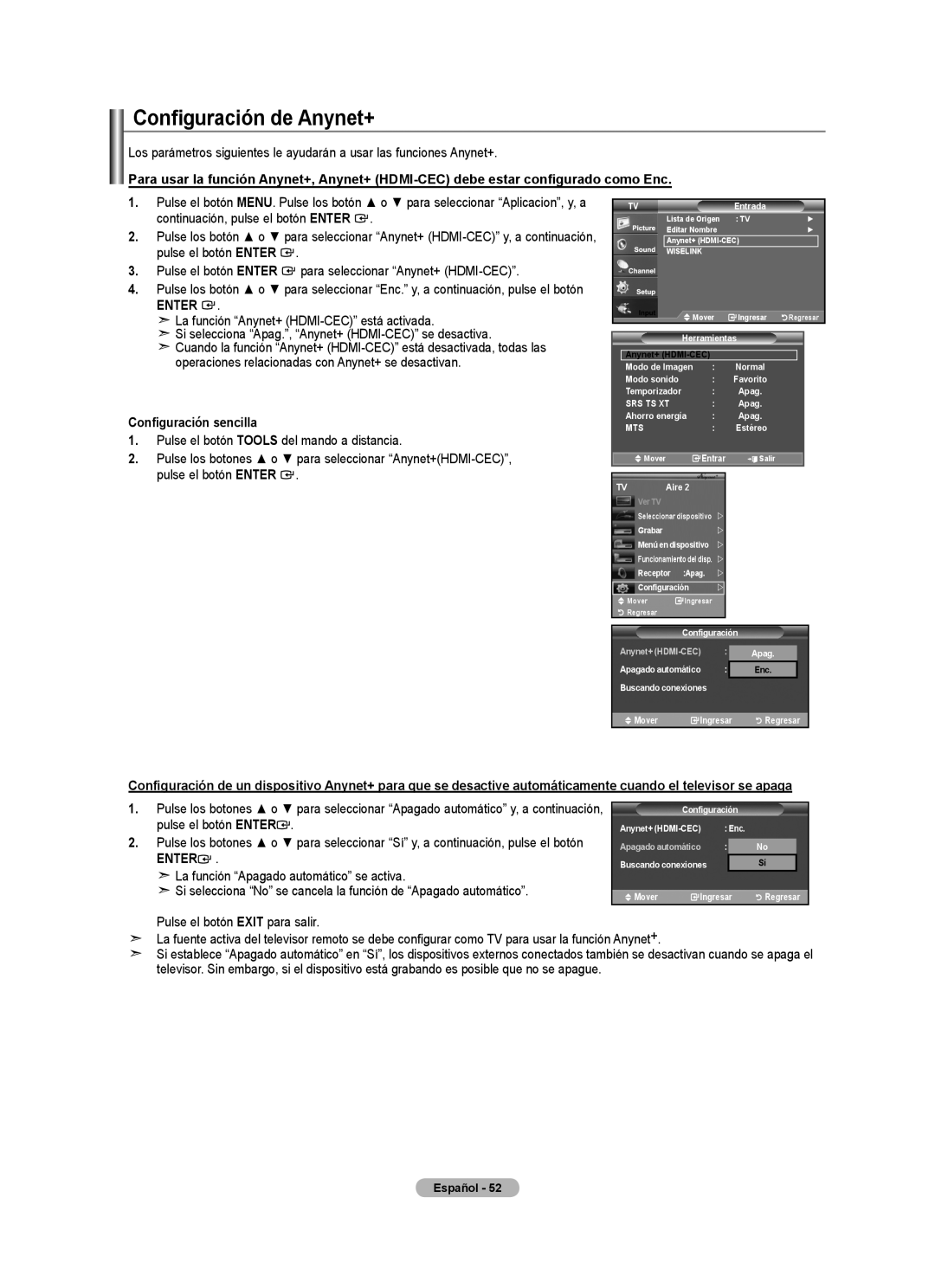 Samsung 610 user manual Configuración de Anynet+, Mover Ingresar Regresar 