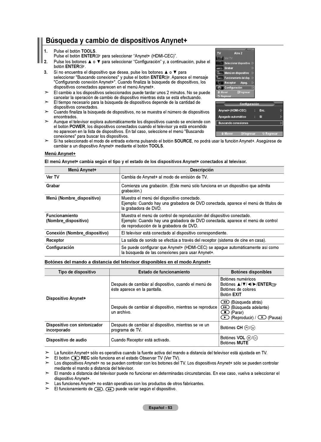 Samsung 610 user manual Búsqueda y cambio de dispositivos Anynet+ 