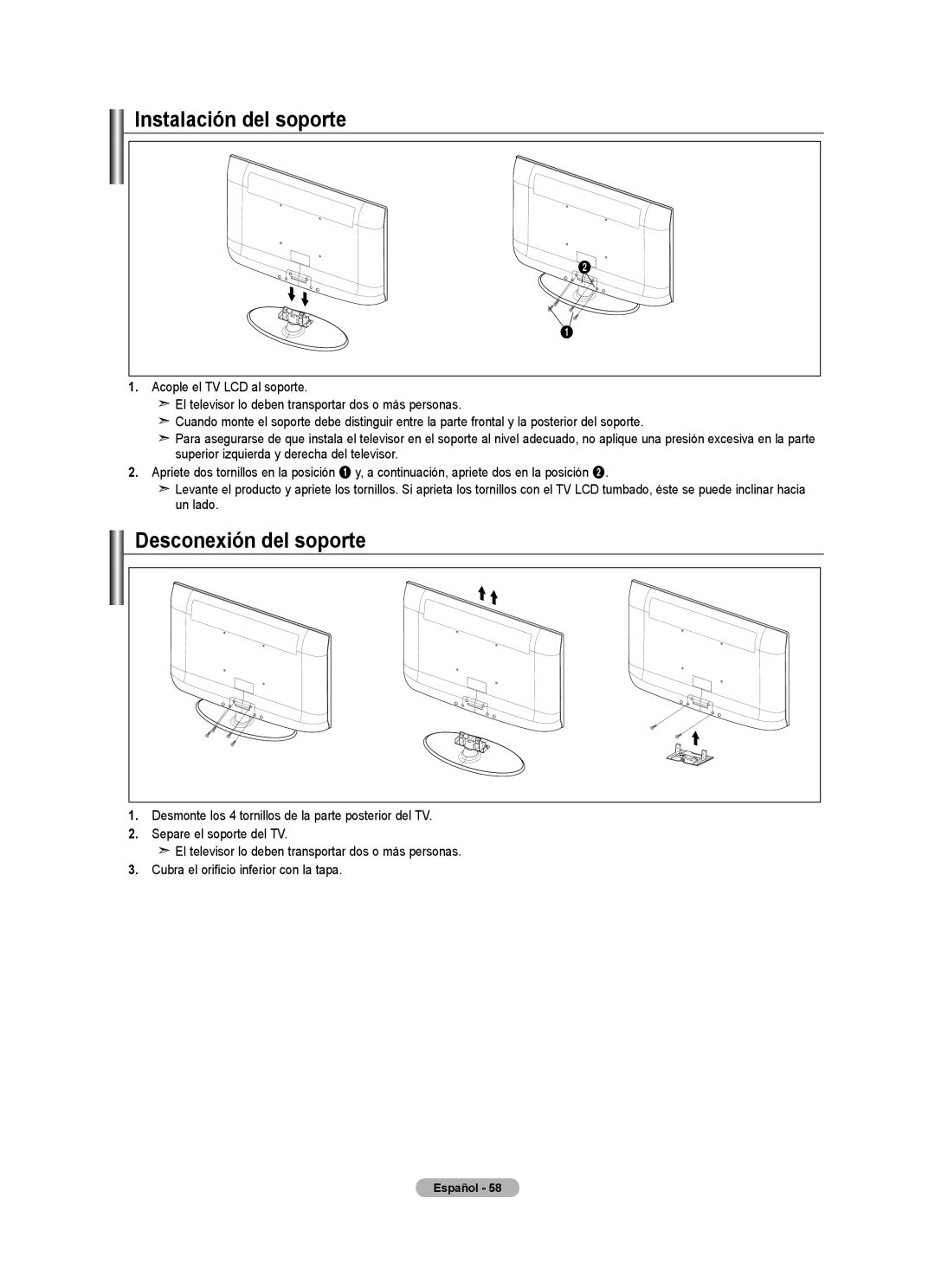 Samsung 610 user manual Instalación del soporte, Desconexión del soporte 