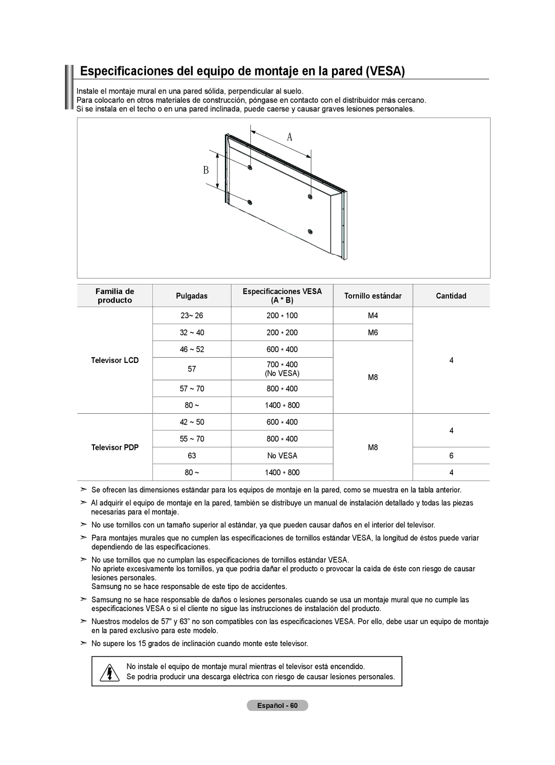 Samsung 610 user manual Especificaciones del equipo de montaje en la pared Vesa, Familia de Pulgadas, Cantidad 