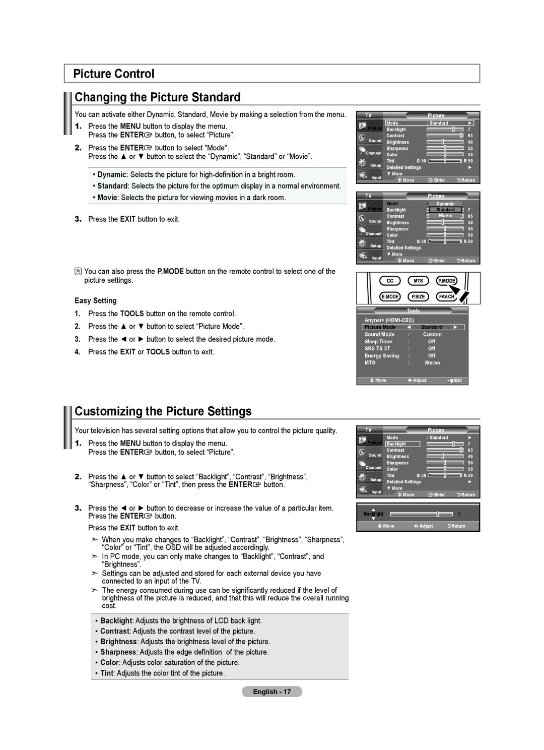 Samsung 610 user manual Picture Control Changing the Picture Standard, Customizing the Picture Settings, Easy Setting 