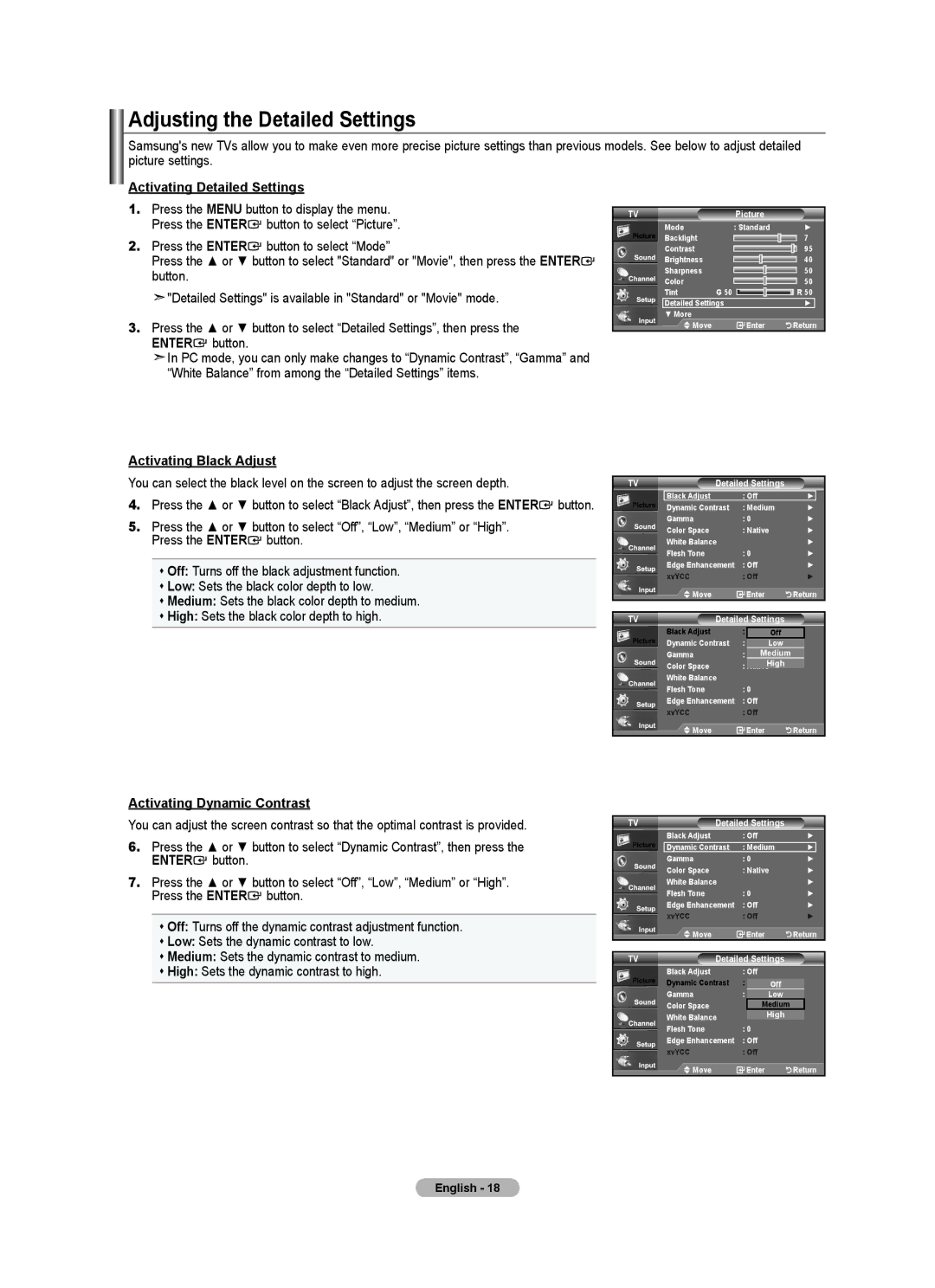 Samsung 610 user manual Adjusting the Detailed Settings, Activating Detailed Settings, Activating Black Adjust 