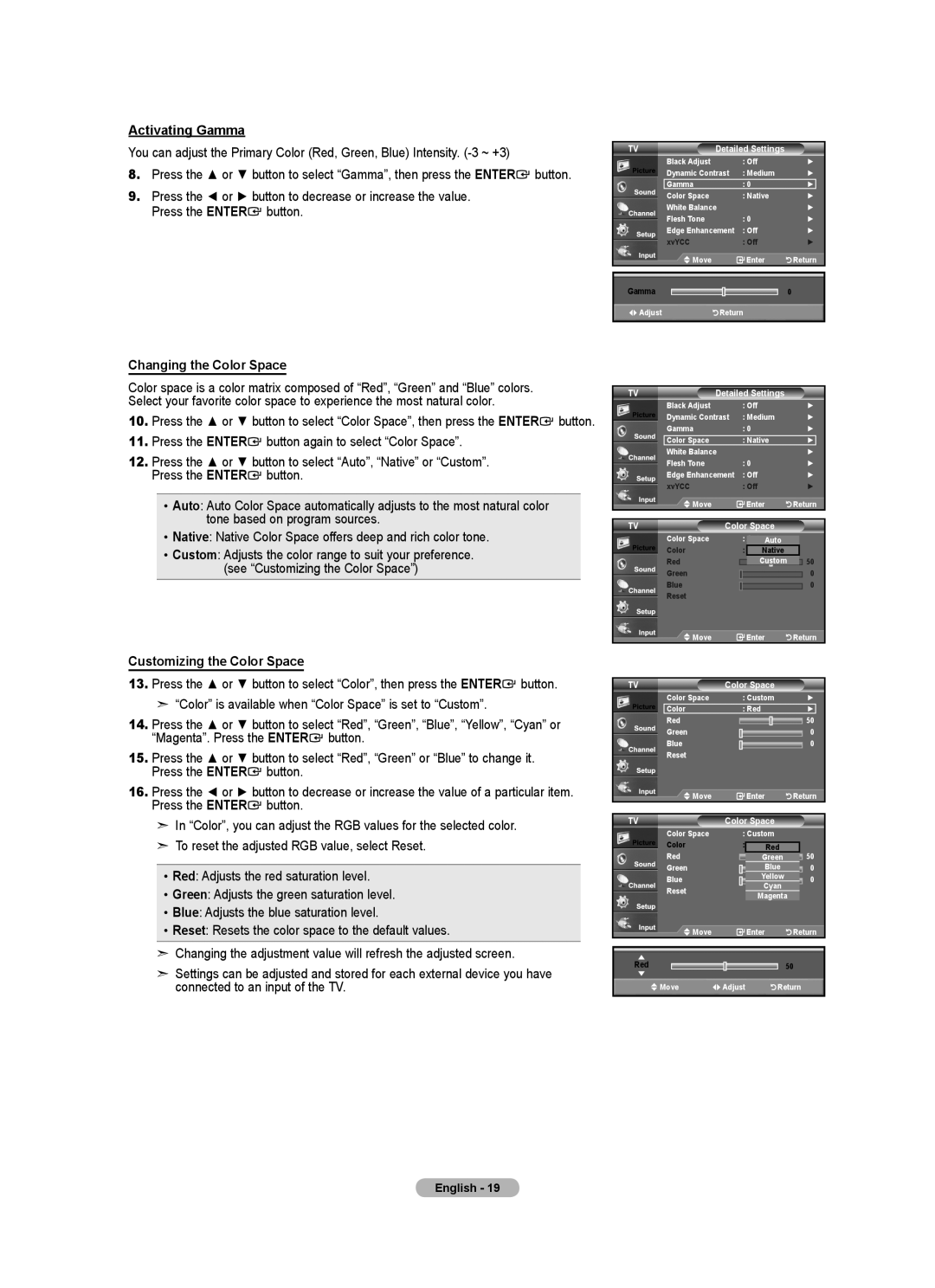 Samsung 610 user manual Activating Gamma, Changing the Color Space, Customizing the Color Space 