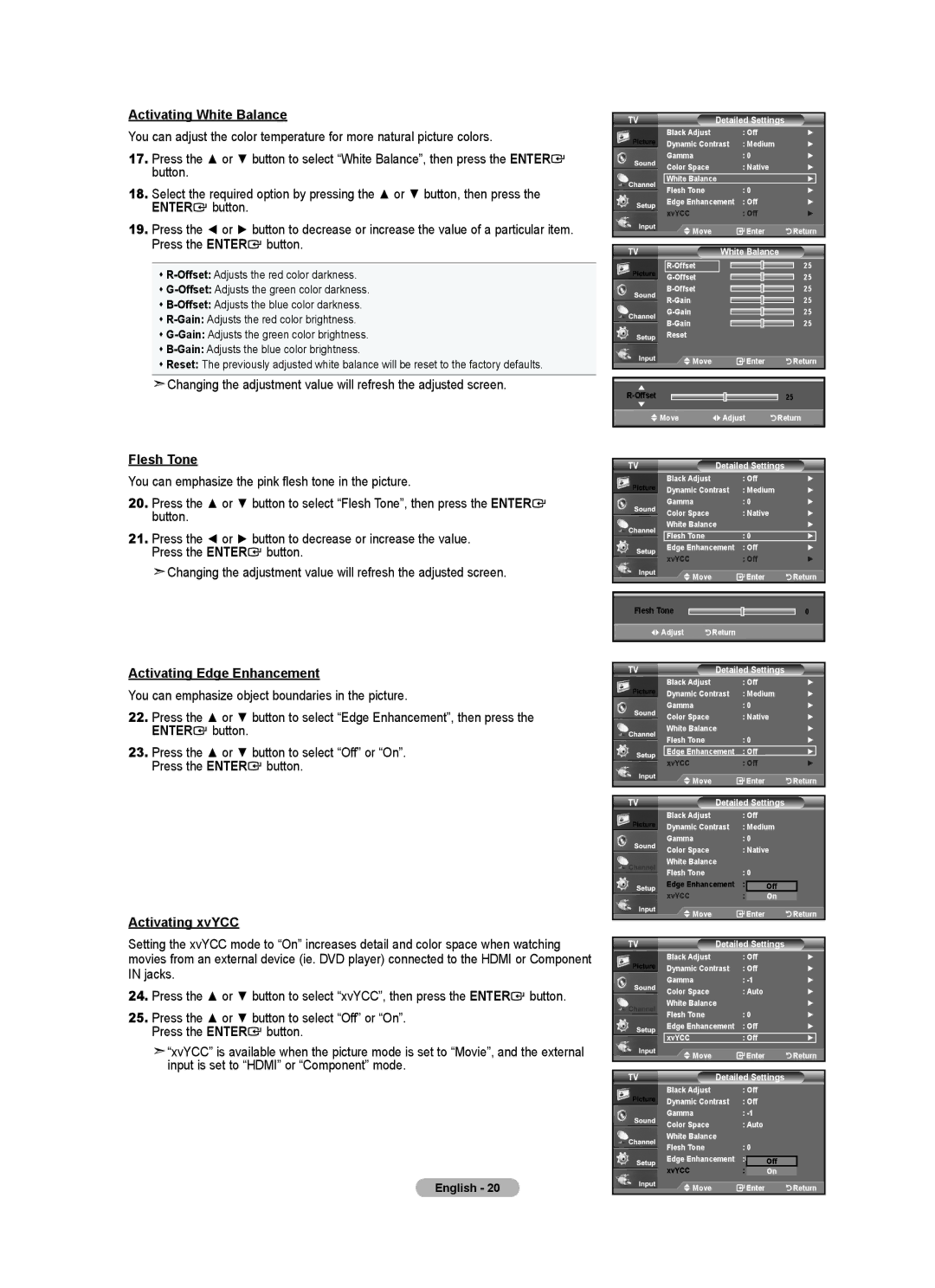 Samsung 610 user manual Activating White Balance, Flesh Tone, Activating Edge Enhancement, Activating xvYCC 