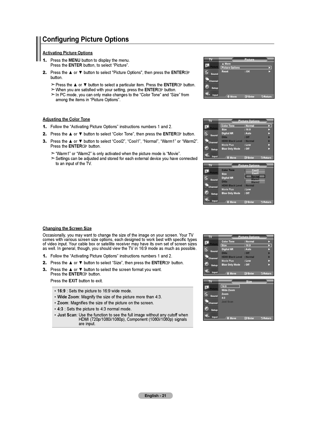 Samsung 610 Configuring Picture Options, Activating Picture Options, Adjusting the Color Tone, Changing the Screen Size 