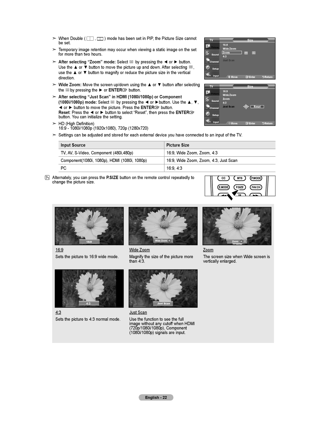 Samsung 610 user manual Input Source Picture Size, Zoom Screen size when Wide screen is vertically enlarged, TVSize 