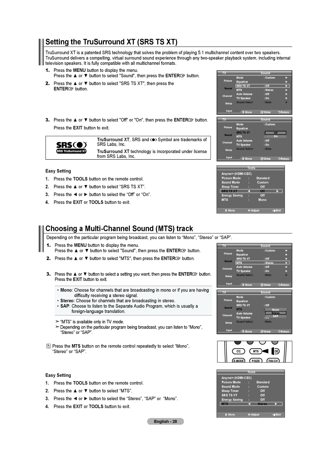 Samsung 610 user manual Setting the TruSurround XT SRS TS XT, Choosing a Multi-Channel Sound MTS track 