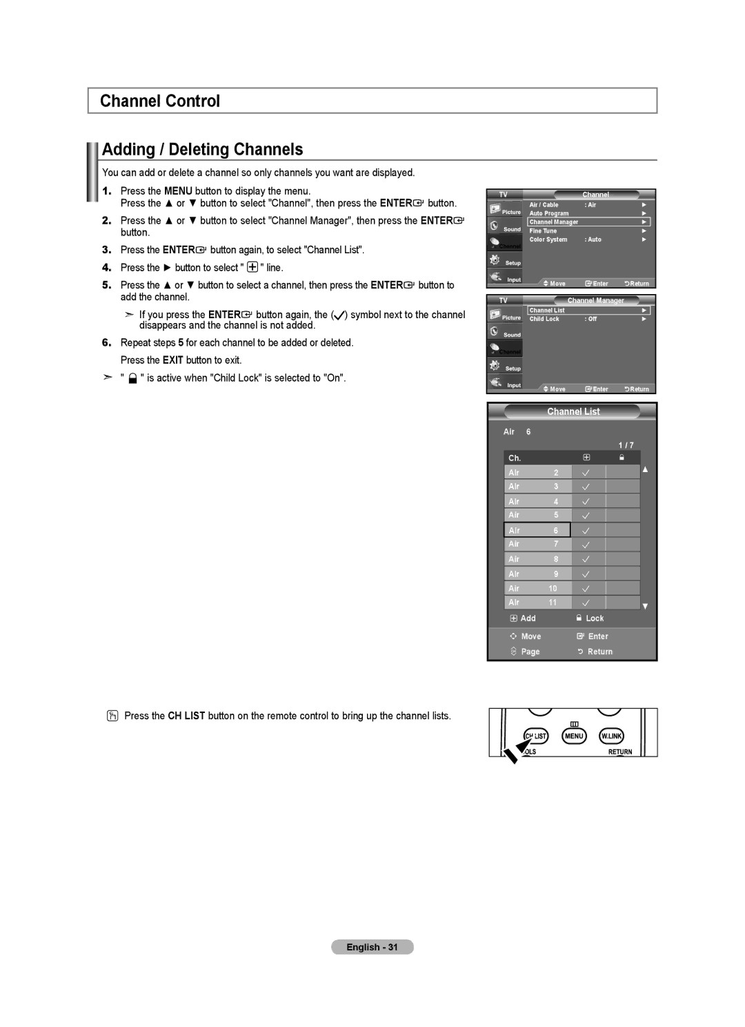 Samsung 610 user manual Channel Control Adding / Deleting Channels, Channel List, Return 