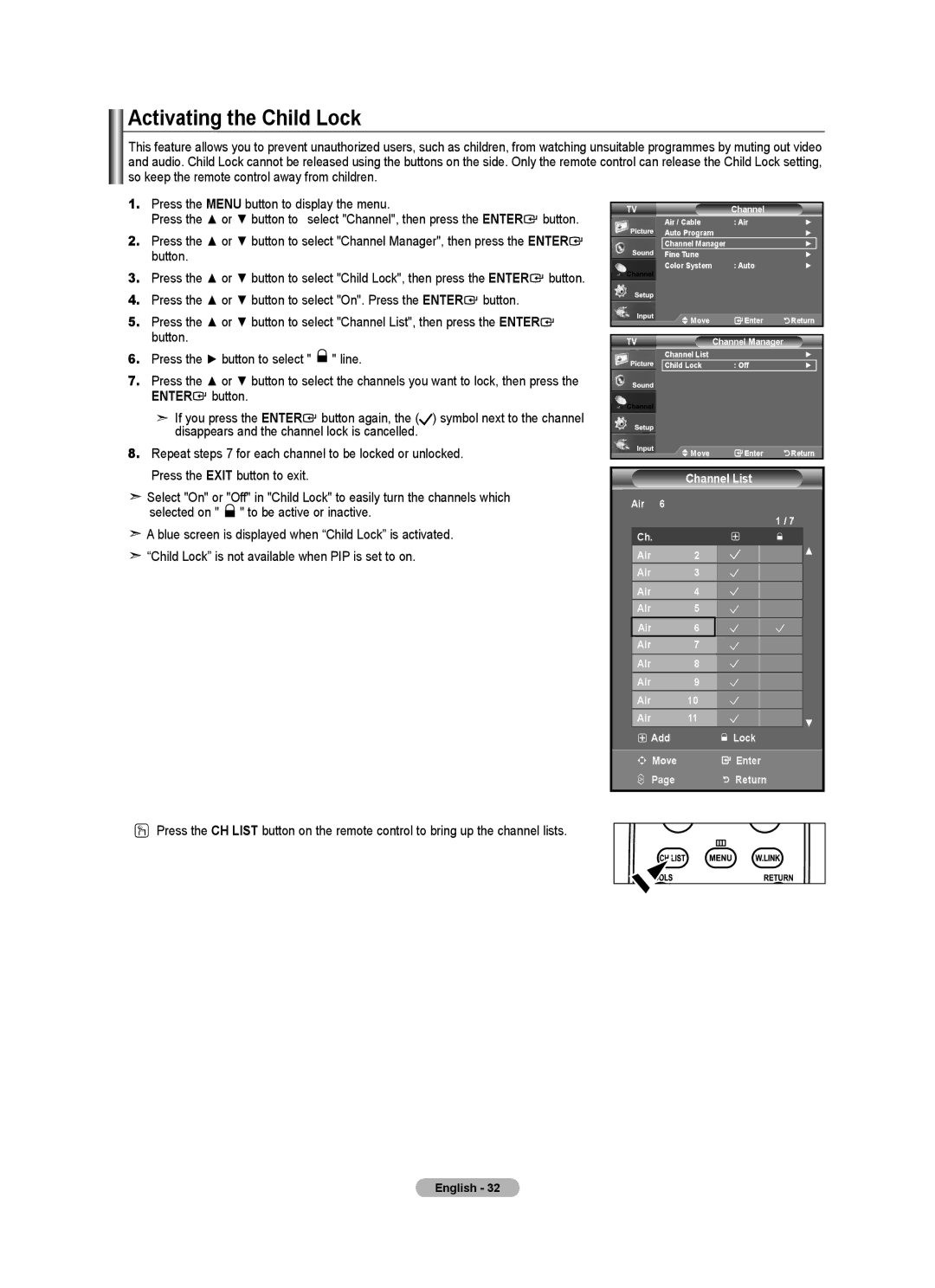 Samsung 610 user manual Activating the Child Lock, Air 