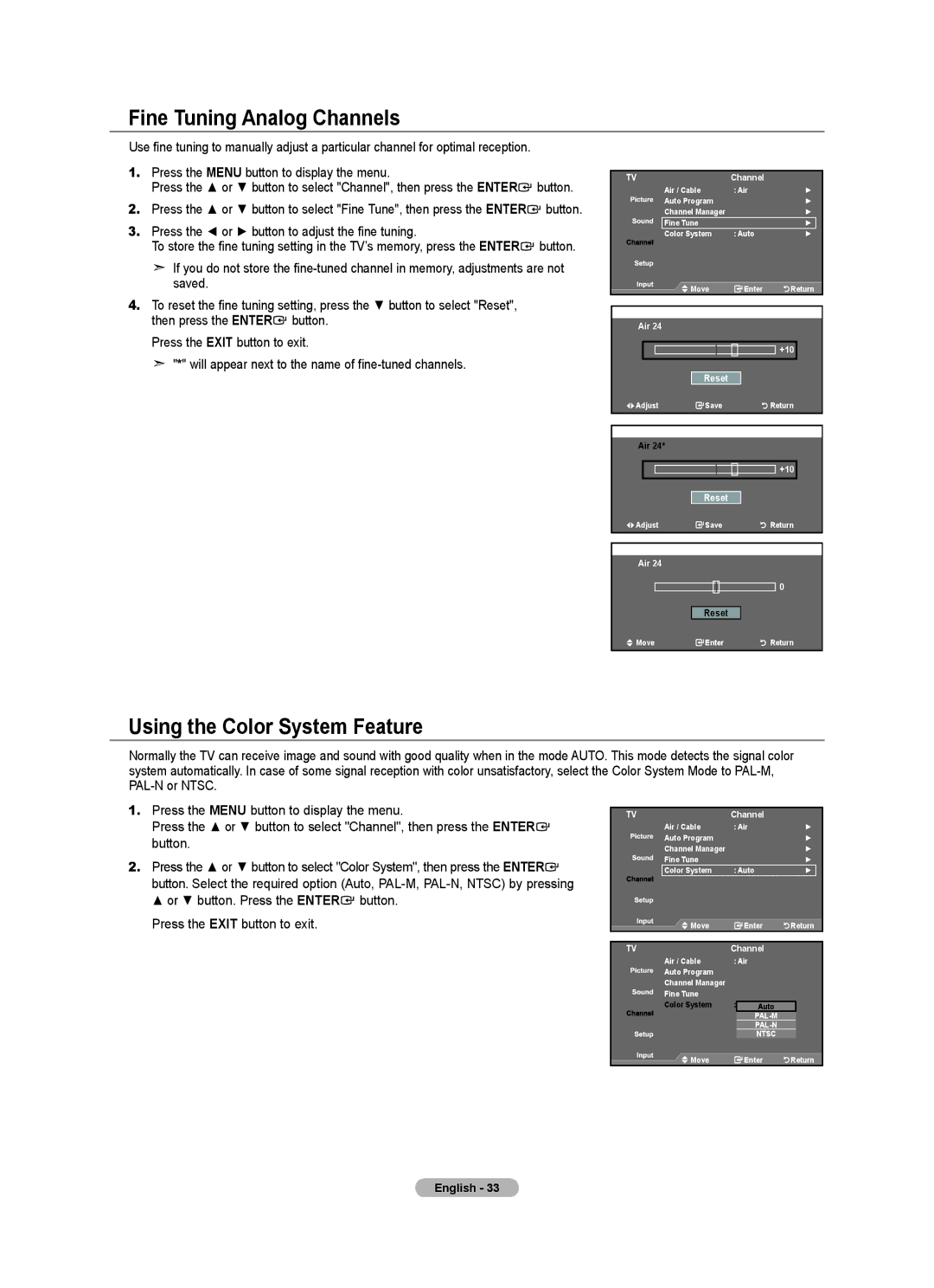 Samsung 610 Fine Tuning Analog Channels, Using the Color System Feature, Press the or button to adjust the fine tuning 