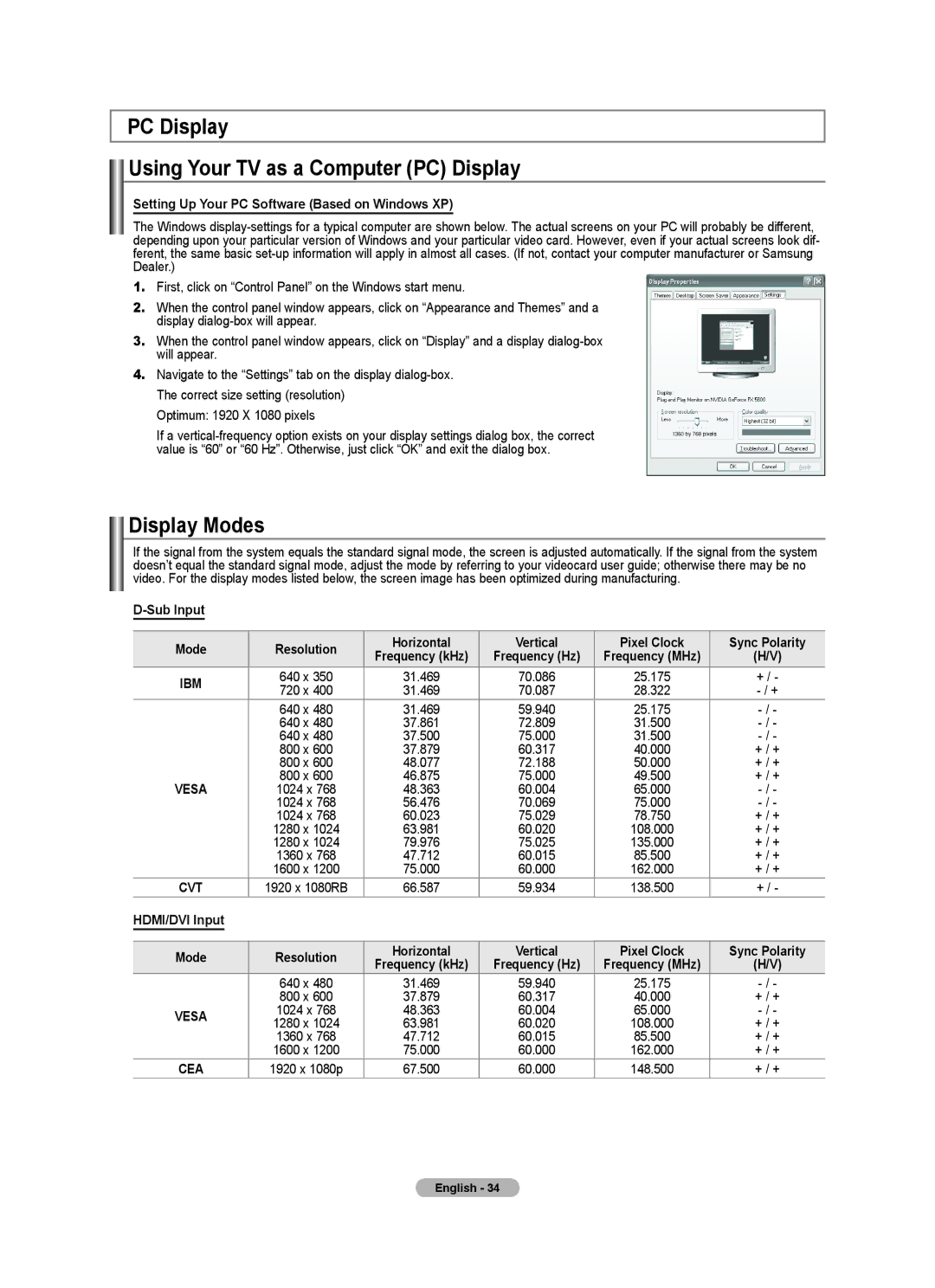 Samsung 610 user manual PC Display Using Your TV as a Computer PC Display, Display Modes, HDMI/DVI Input 