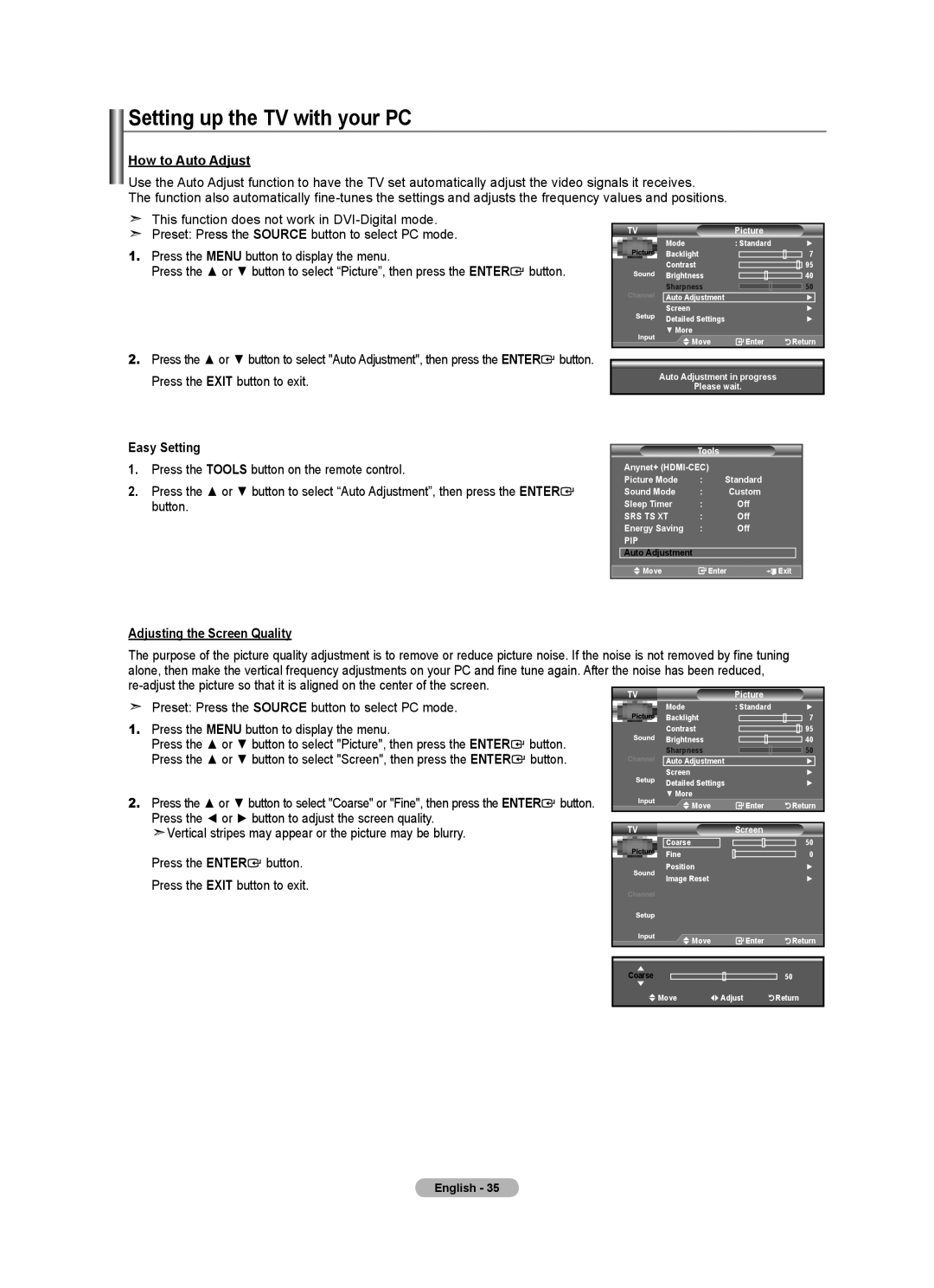 Samsung 610 user manual Setting up the TV with your PC, How to Auto Adjust, Adjusting the Screen Quality 