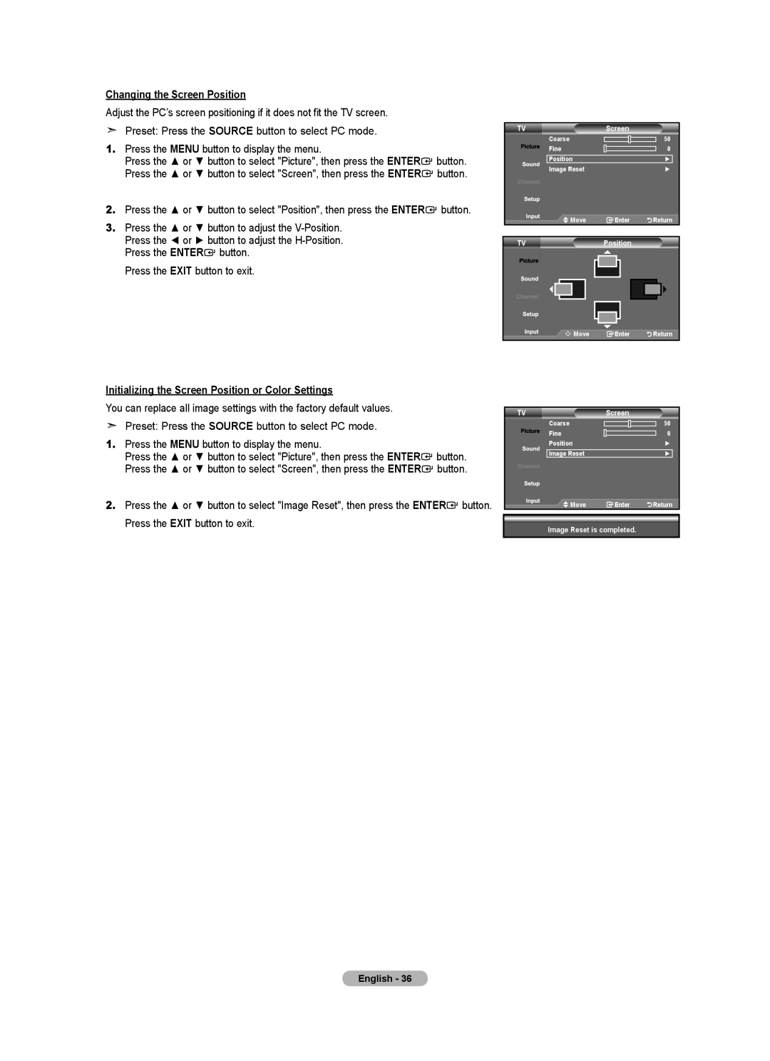 Samsung 610 user manual Changing the Screen Position, Initializing the Screen Position or Color Settings, TVPosition 