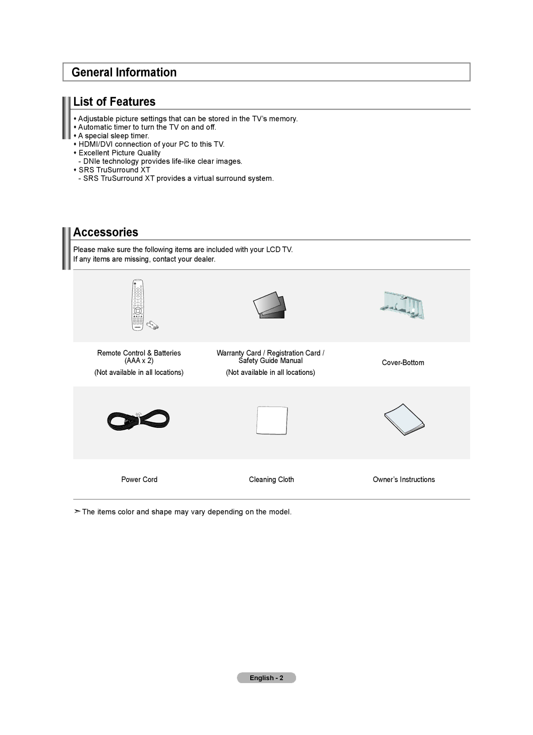 Samsung 610 user manual General Information List of Features, Accessories, Power Cord Cleaning Cloth 